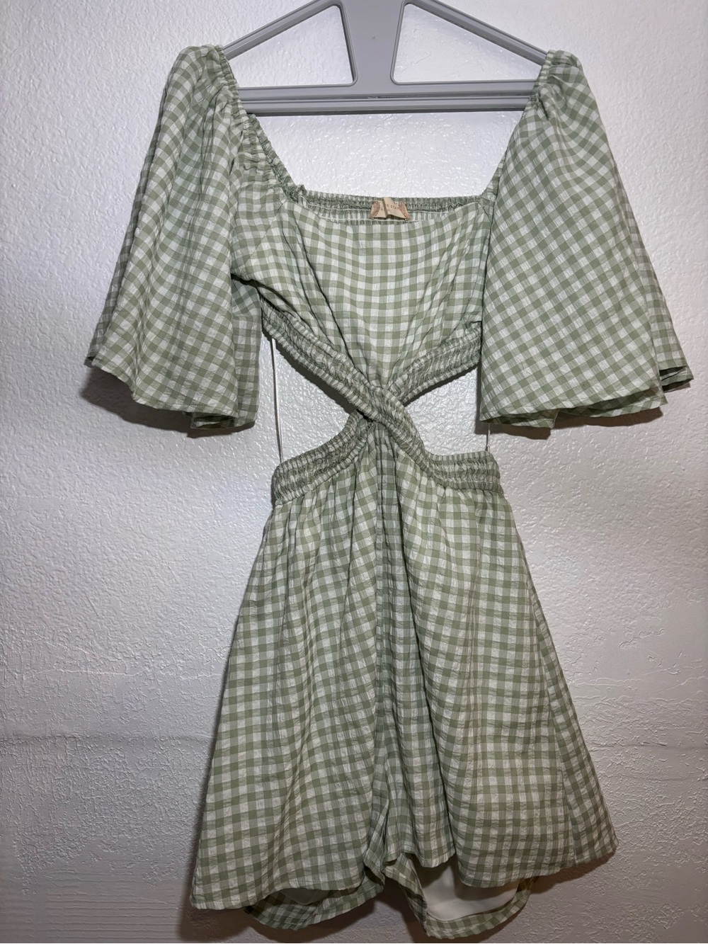Altar'd State Sage Green Gingham Cutout Mini Dress